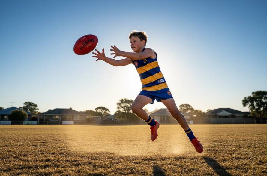 An intense, low-angle shot capturing a young football player in Kealba mid-air, scoring a goal with the ball just leaving their foot, demonstrating dynamic Kealba youth sports photography with dramatic lighting.