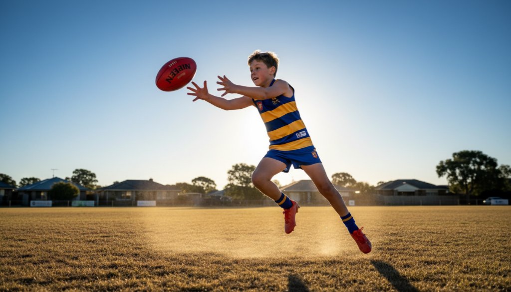 An intense, low-angle shot capturing a young football player in Kealba mid-air, scoring a goal with the ball just leaving their foot, demonstrating dynamic Kealba youth sports photography with dramatic lighting.