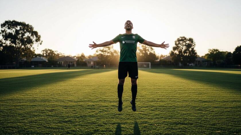 Dynamic Keilor sports action photography capturing a triumphant soccer player mid-air, scoring a goal at the Keilor Park Recreation Reserve, under dramatic golden hour lighting.