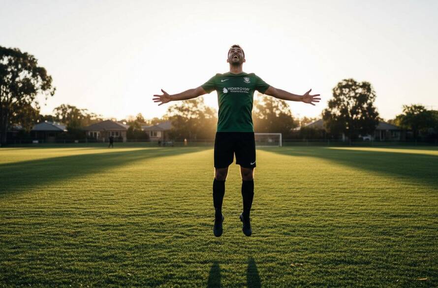 Dynamic Keilor sports action photography capturing a triumphant soccer player mid-air, scoring a goal at the Keilor Park Recreation Reserve, under dramatic golden hour lighting.