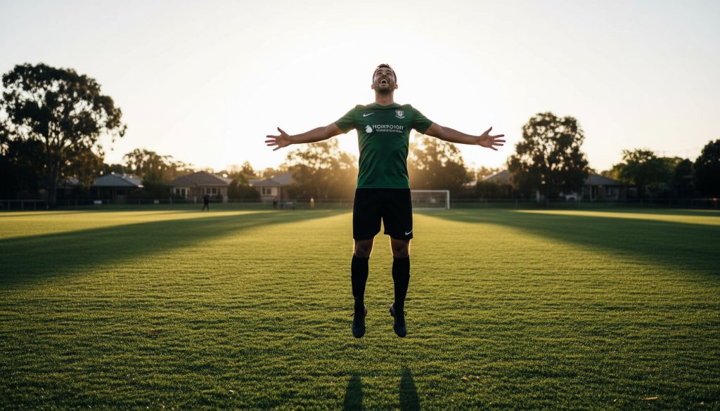 Dynamic Keilor sports action photography capturing a triumphant soccer player mid-air, scoring a goal at the Keilor Park Recreation Reserve, under dramatic golden hour lighting.
