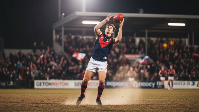 A thrilling, dramatic close-up shot of a footballer in mid-air, having just kicked a goal during a night game at a Keysborough oval, showcasing dynamic Keysborough sports photography capturing peak action with bright stadium lights.