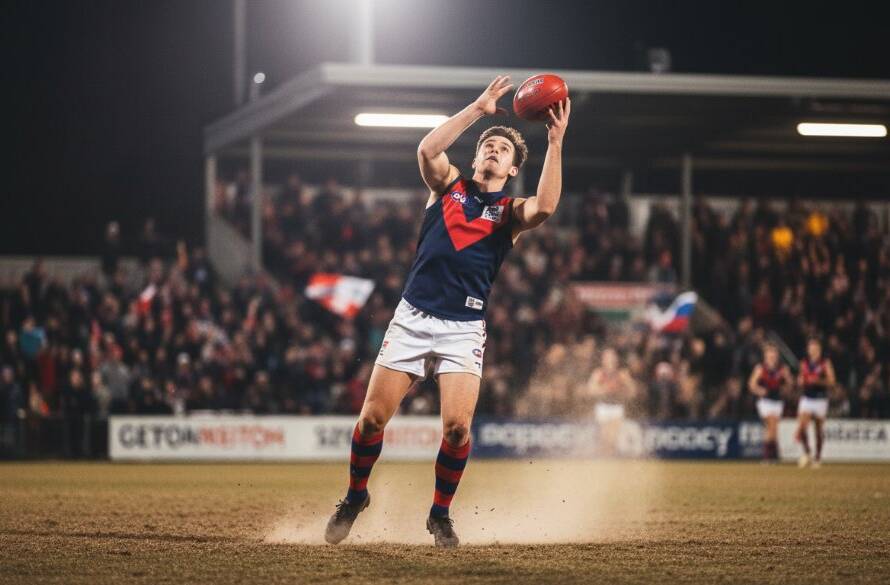 A thrilling, dramatic close-up shot of a footballer in mid-air, having just kicked a goal during a night game at a Keysborough oval, showcasing dynamic Keysborough sports photography capturing peak action with bright stadium lights.