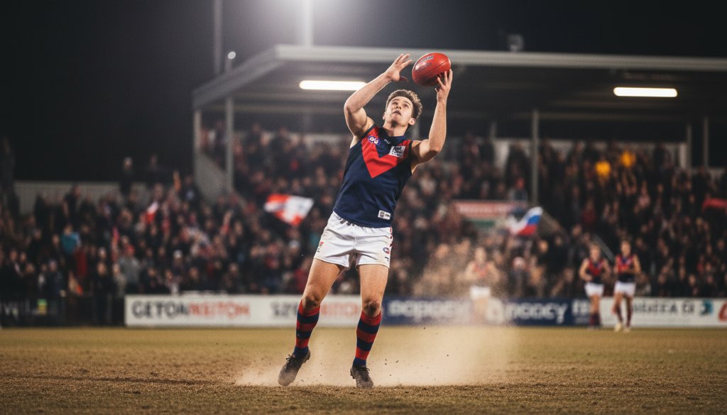 A thrilling, dramatic close-up shot of a footballer in mid-air, having just kicked a goal during a night game at a Keysborough oval, showcasing dynamic Keysborough sports photography capturing peak action with bright stadium lights.