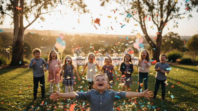 Dynamic Kids Party Photography Bacchus Marsh capturing genuine joy: A wide-angle, low-shot photograph of a group of ecstatic children mid-air on a bouncy castle, confetti flying, with the beautiful Bacchus Marsh hills subtly blurred in the background, vibrant and professionally colour-graded.