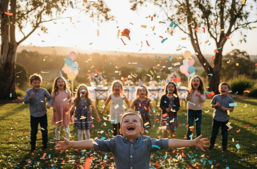 Dynamic Kids Party Photography Bacchus Marsh capturing genuine joy: A wide-angle, low-shot photograph of a group of ecstatic children mid-air on a bouncy castle, confetti flying, with the beautiful Bacchus Marsh hills subtly blurred in the background, vibrant and professionally colour-graded.