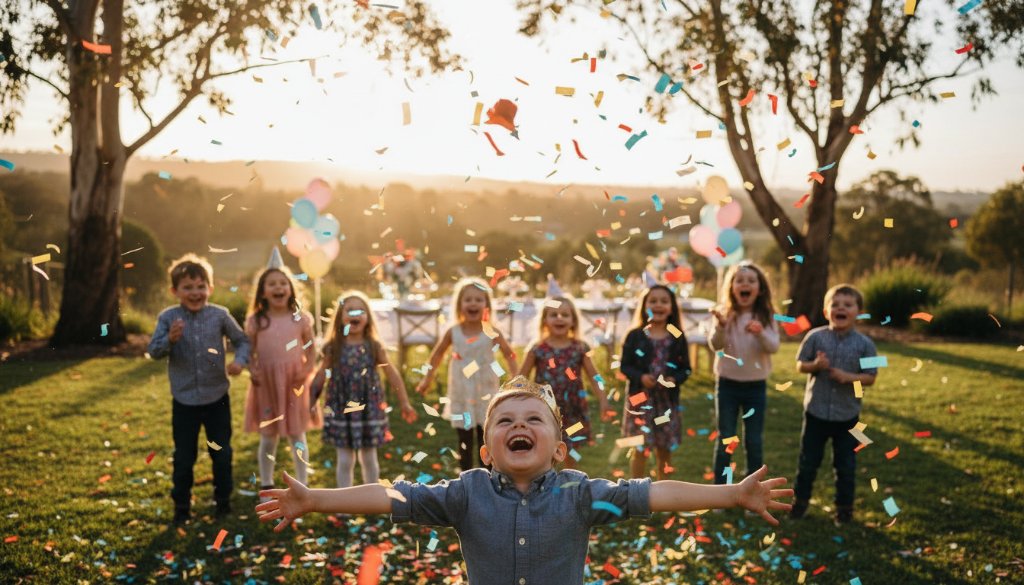 Dynamic Kids Party Photography Bacchus Marsh capturing genuine joy: A wide-angle, low-shot photograph of a group of ecstatic children mid-air on a bouncy castle, confetti flying, with the beautiful Bacchus Marsh hills subtly blurred in the background, vibrant and professionally colour-graded.
