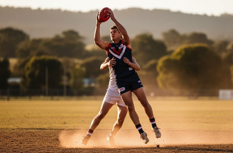 An epic, dramatic photograph capturing a peak action moment in dynamic Korumburra sporting moments photography, with a local athlete mid-jump, dramatic lighting, and Korumburra's scenic background blurred.