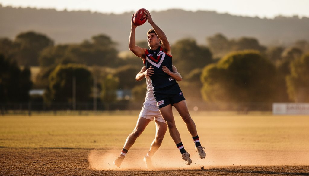 An epic, dramatic photograph capturing a peak action moment in dynamic Korumburra sporting moments photography, with a local athlete mid-jump, dramatic lighting, and Korumburra's scenic background blurred.
