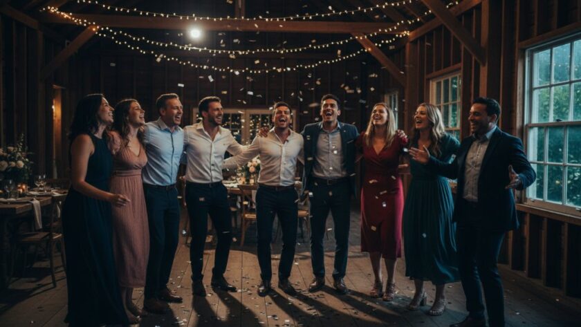 A stunning, low-light photograph capturing an ecstatic group of friends dancing joyously under colourful disco lights at a party in Leongatha, showcasing dynamic Leongatha party photography capturing candid fun with dramatic flair.