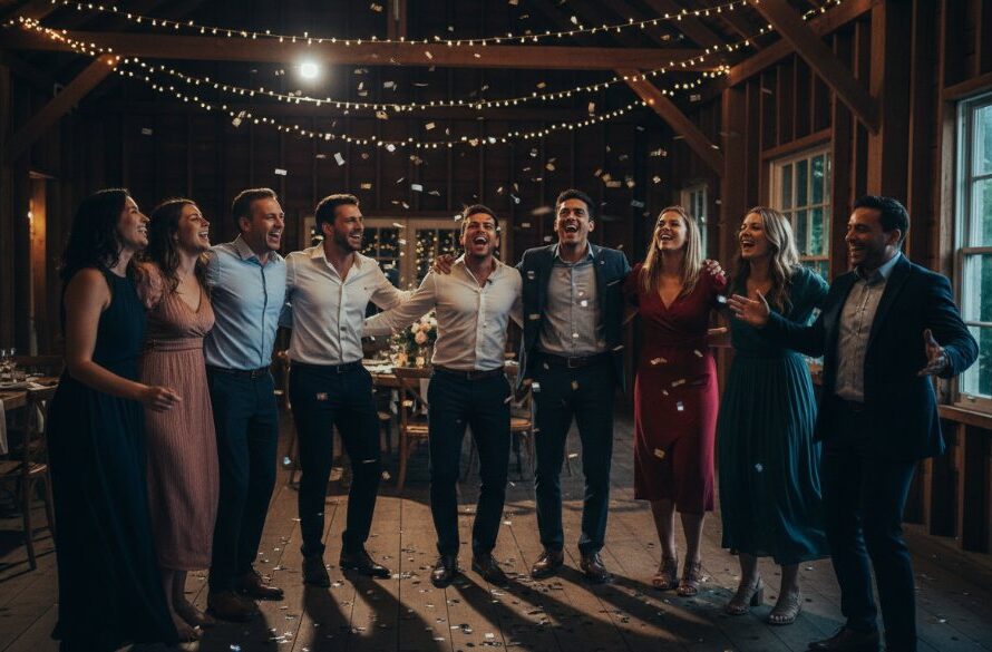 A stunning, low-light photograph capturing an ecstatic group of friends dancing joyously under colourful disco lights at a party in Leongatha, showcasing dynamic Leongatha party photography capturing candid fun with dramatic flair.