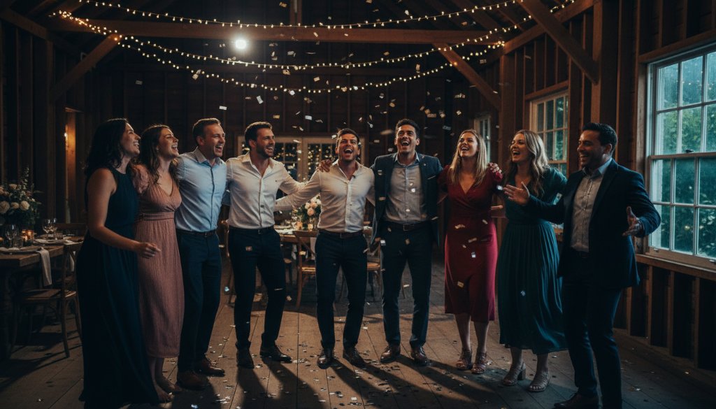 A stunning, low-light photograph capturing an ecstatic group of friends dancing joyously under colourful disco lights at a party in Leongatha, showcasing dynamic Leongatha party photography capturing candid fun with dramatic flair.