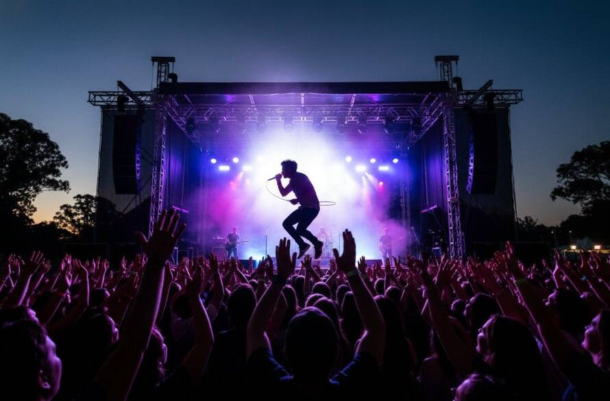 Dynamic Live Concert Photography Kings Park VIC capturing an epic moment: a lead guitarist mid-solo, bathed in vibrant stage lights, with the passionate crowd blurred in the background, conveying intense energy and emotion.