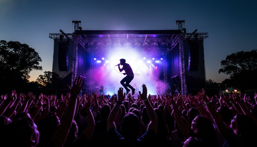 Dynamic Live Concert Photography Kings Park VIC capturing an epic moment: a lead guitarist mid-solo, bathed in vibrant stage lights, with the passionate crowd blurred in the background, conveying intense energy and emotion.