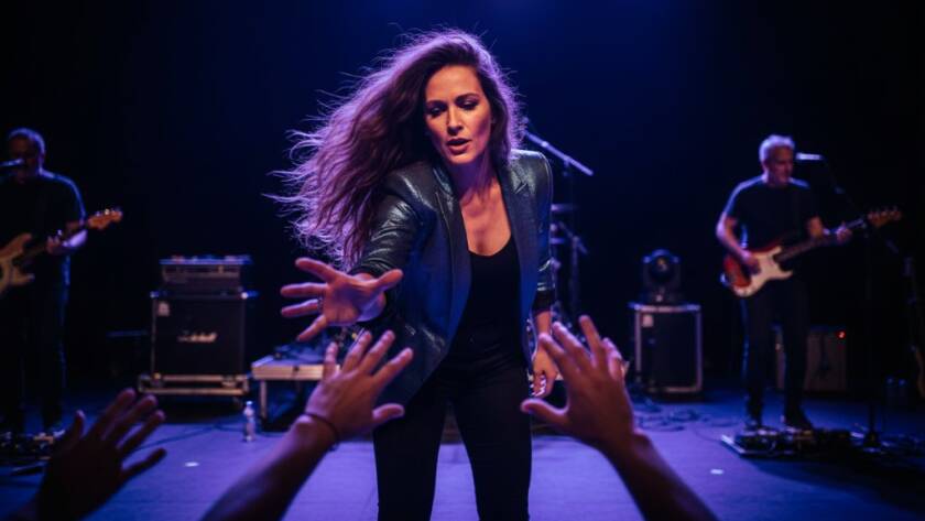 A high-energy, dynamic live music photography Bulleen shot of a lead guitarist mid-shred under dramatic stage lights, capturing an epic moment of passion and sound at a Bulleen community hall concert, with the crowd's blurred hands in the foreground.