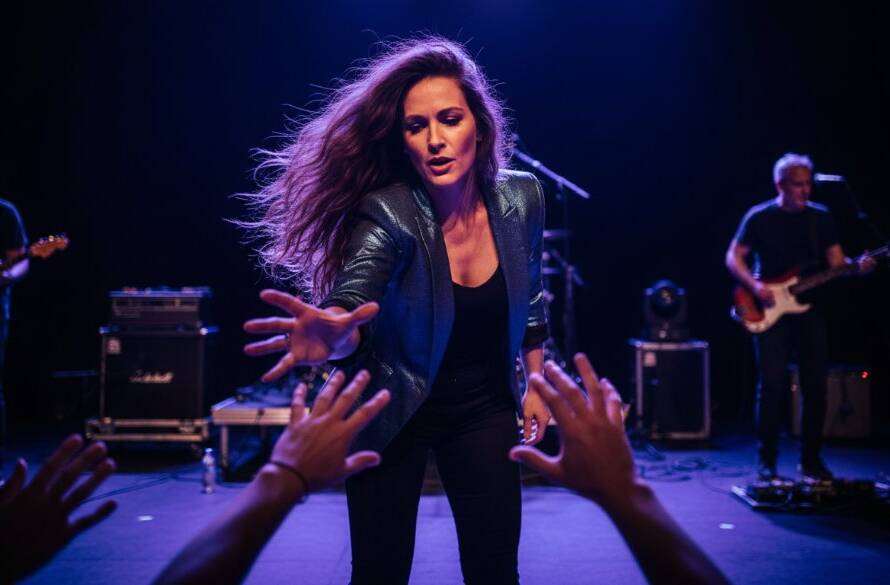 A high-energy, dynamic live music photography Bulleen shot of a lead guitarist mid-shred under dramatic stage lights, capturing an epic moment of passion and sound at a Bulleen community hall concert, with the crowd's blurred hands in the foreground.