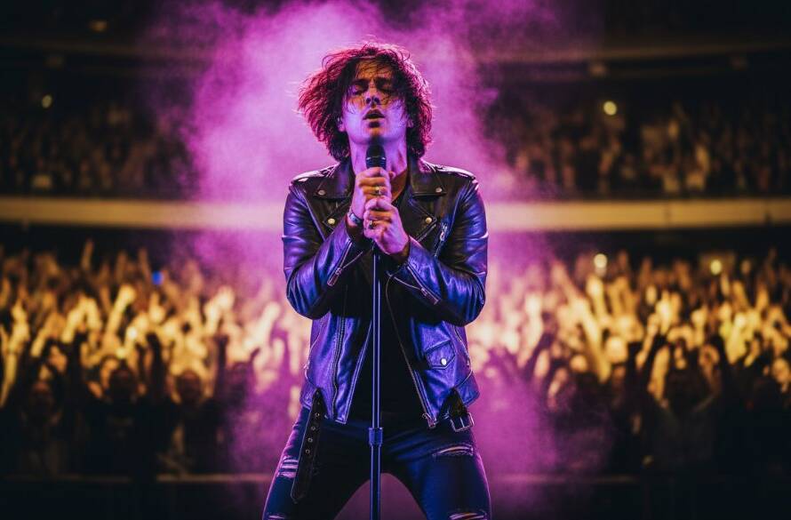 Dynamic live music photography in Burwood East capturing an epic moment: a lead singer bathed in dramatic magenta and blue stage lights, microphone in hand, passionately engaging with a cheering crowd, energy radiating from the stage.