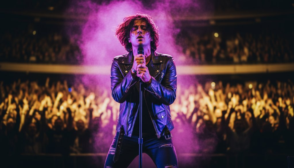 Dynamic live music photography in Burwood East capturing an epic moment: a lead singer bathed in dramatic magenta and blue stage lights, microphone in hand, passionately engaging with a cheering crowd, energy radiating from the stage.