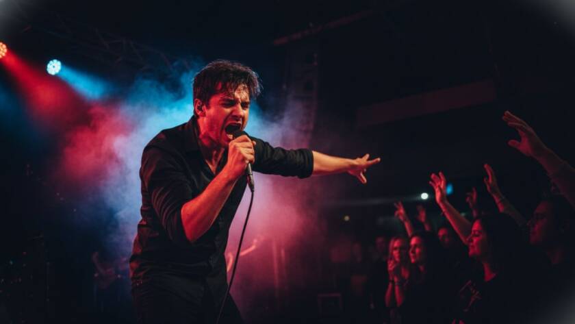 Dynamic live music photography Cranbourne West capturing a lead singer passionately performing on stage, bathed in dramatic stage lights, with the crowd's hands raised in silhouette.