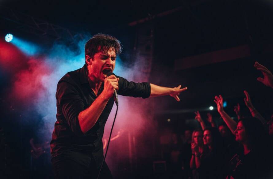 Dynamic live music photography Cranbourne West capturing a lead singer passionately performing on stage, bathed in dramatic stage lights, with the crowd's hands raised in silhouette.