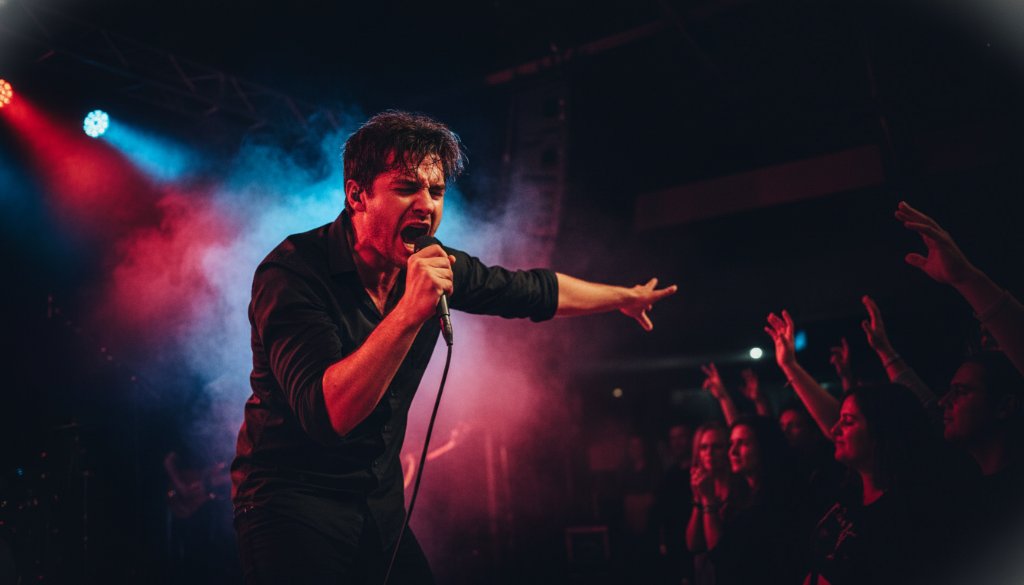 Dynamic live music photography Cranbourne West capturing a lead singer passionately performing on stage, bathed in dramatic stage lights, with the crowd's hands raised in silhouette.
