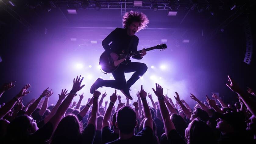 A powerful, dramatically lit shot capturing a guitarist mid-solo during dynamic live music photography Frankston North gigs, silhouetted against vibrant stage lights, with the passionate crowd blurred in the background, conveying raw energy and an epic concert moment.