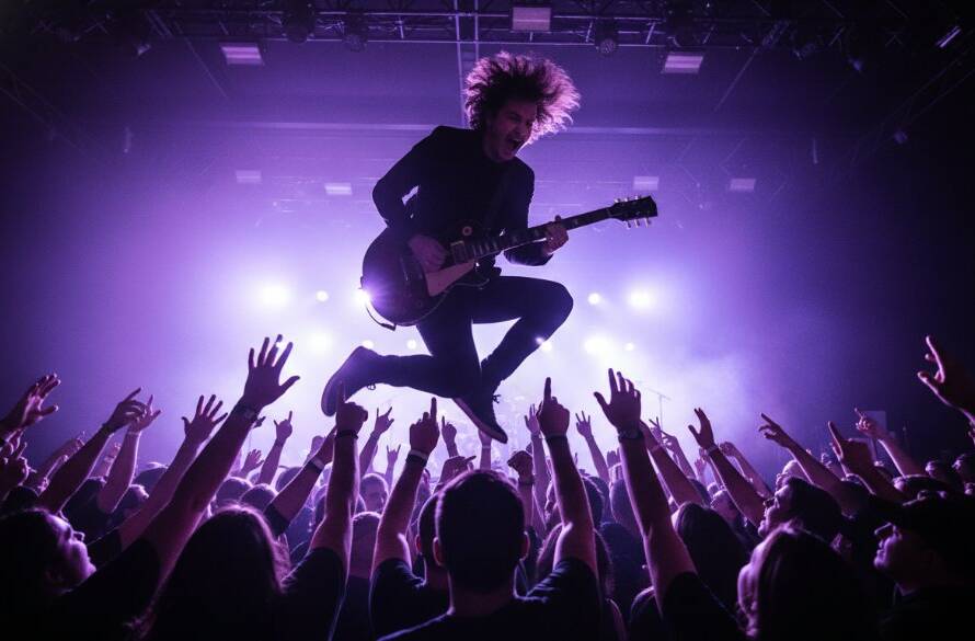 A powerful, dramatically lit shot capturing a guitarist mid-solo during dynamic live music photography Frankston North gigs, silhouetted against vibrant stage lights, with the passionate crowd blurred in the background, conveying raw energy and an epic concert moment.