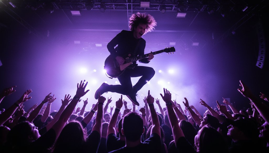 A powerful, dramatically lit shot capturing a guitarist mid-solo during dynamic live music photography Frankston North gigs, silhouetted against vibrant stage lights, with the passionate crowd blurred in the background, conveying raw energy and an epic concert moment.