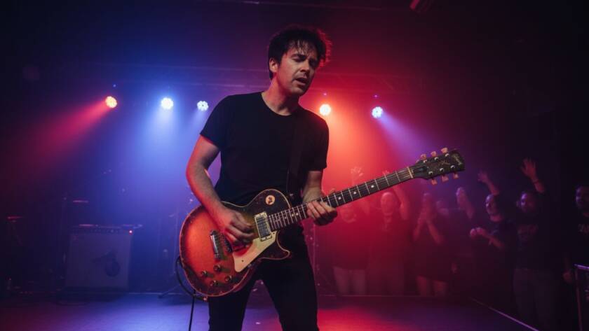 An epic moment captured during a live concert in Junction Village, showcasing a local artist bathed in dramatic stage lighting, with the crowd's energy palpable. This dynamic live music photography Junction Village local artists shot embodies the raw passion of a performance, professionally colour-graded.