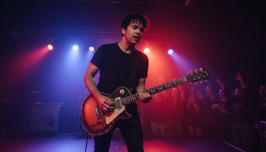 An epic moment captured during a live concert in Junction Village, showcasing a local artist bathed in dramatic stage lighting, with the crowd's energy palpable. This dynamic live music photography Junction Village local artists shot embodies the raw passion of a performance, professionally colour-graded.