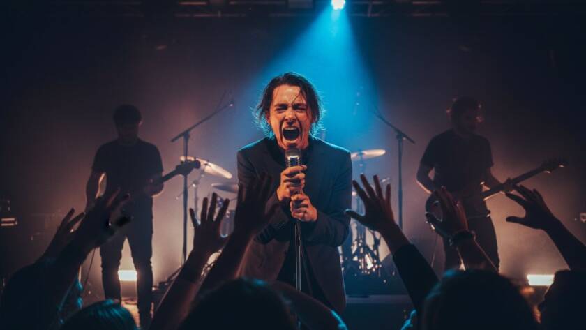 An epic moment of dynamic live music photography Pakenham Victoria, showing a lead singer passionately performing under dramatic stage lights, with vibrant colours and a cheering crowd blurred in the background, capturing the raw energy of a concert.