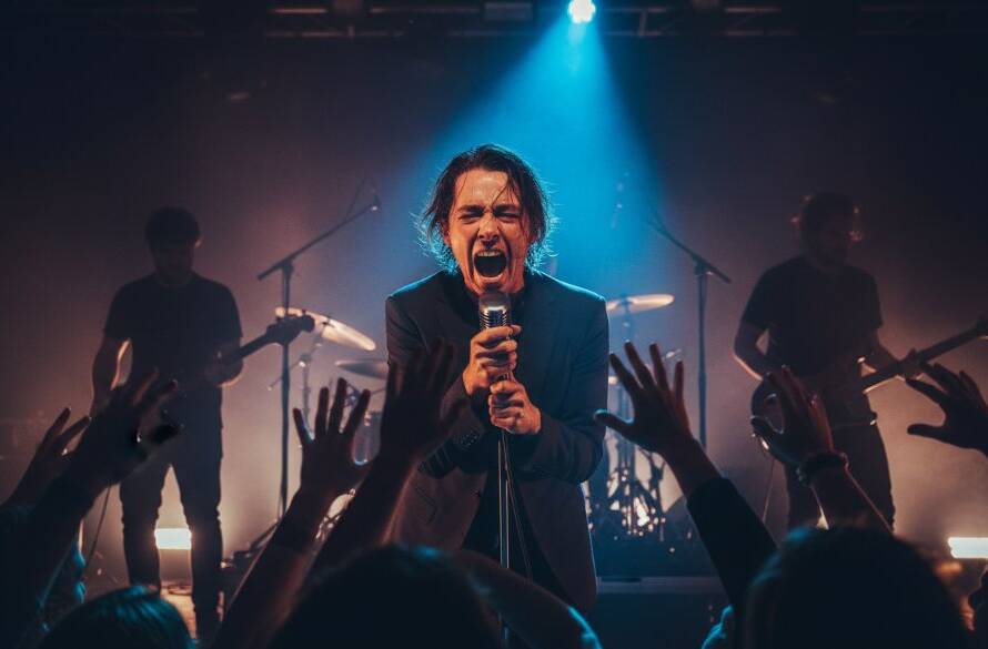 An epic moment of dynamic live music photography Pakenham Victoria, showing a lead singer passionately performing under dramatic stage lights, with vibrant colours and a cheering crowd blurred in the background, capturing the raw energy of a concert.