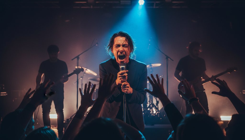 An epic moment of dynamic live music photography Pakenham Victoria, showing a lead singer passionately performing under dramatic stage lights, with vibrant colours and a cheering crowd blurred in the background, capturing the raw energy of a concert.
