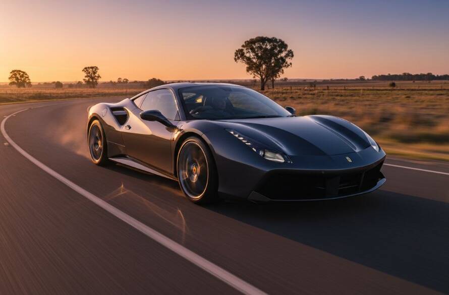A dramatic, low-angle, epic moment photograph showcasing a sleek, dark luxury sports car speeding through a sun-drenched, winding road in Skye, Victoria, at dusk. The car's headlights cut through the warm golden hour light, reflecting off its polished surface, creating streaks of light and motion blur, perfectly encapsulating dynamic luxury car photography Skye Victoria.
