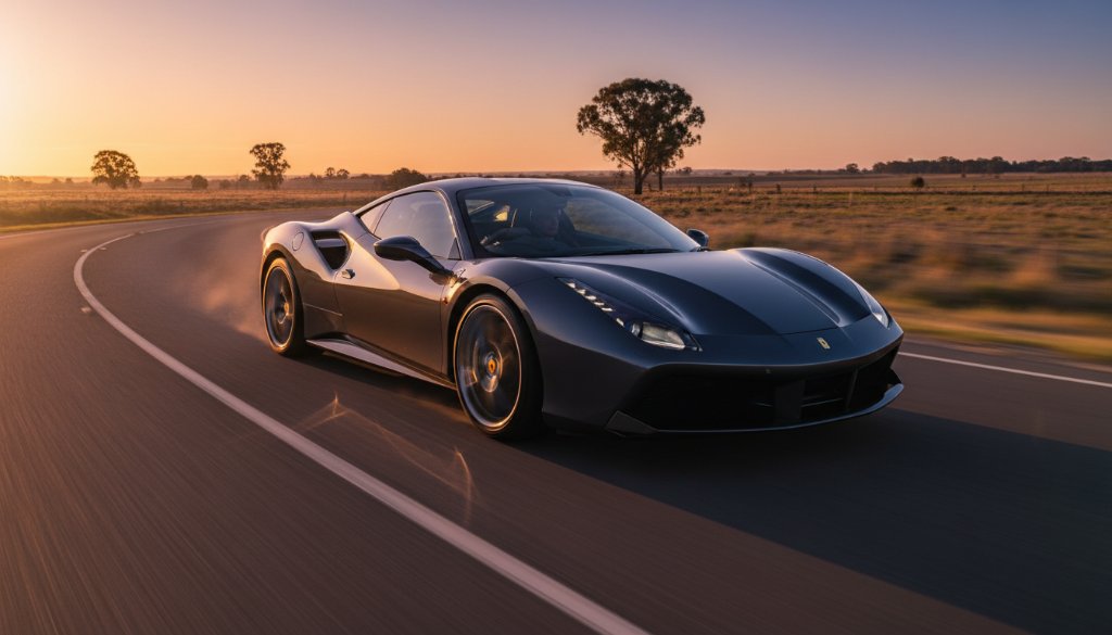 A dramatic, low-angle, epic moment photograph showcasing a sleek, dark luxury sports car speeding through a sun-drenched, winding road in Skye, Victoria, at dusk. The car's headlights cut through the warm golden hour light, reflecting off its polished surface, creating streaks of light and motion blur, perfectly encapsulating dynamic luxury car photography Skye Victoria.