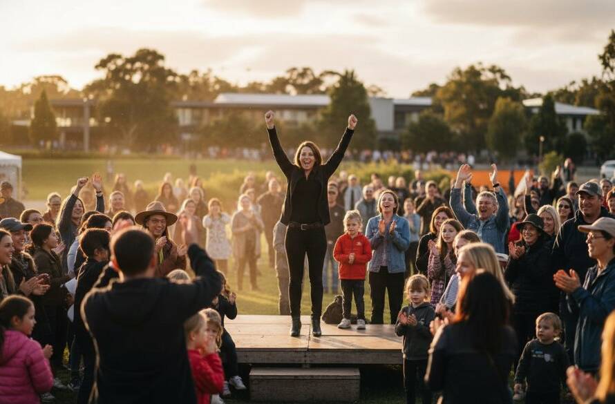 A dramatic, professionally lit shot showcasing Dynamic Lyndhurst Editorial Photography Storytelling, capturing a pivotal moment during a vibrant local community event in Lyndhurst, Victoria, with a diverse crowd cheering, highlighting the energy and connection.