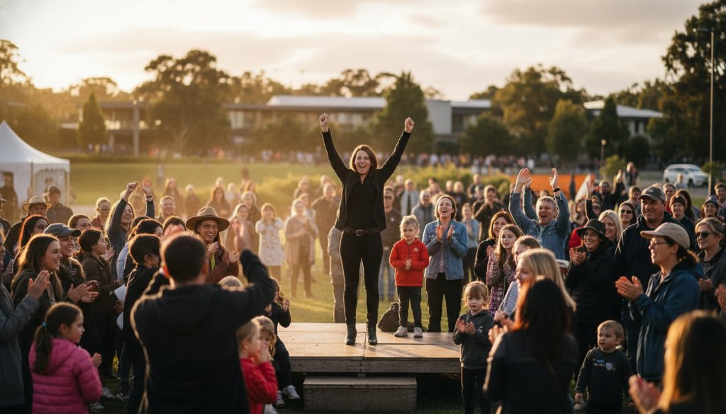 A dramatic, professionally lit shot showcasing Dynamic Lyndhurst Editorial Photography Storytelling, capturing a pivotal moment during a vibrant local community event in Lyndhurst, Victoria, with a diverse crowd cheering, highlighting the energy and connection.