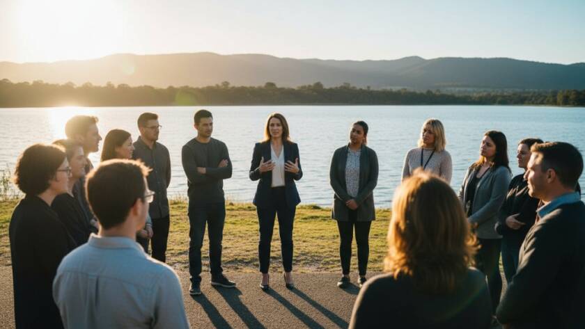 An evocative shot portraying dynamic Lysterfield editorial photography narratives, showing a local community leader engaged in passionate conversation at Lysterfield Lake Park, with dramatic sunset light creating a powerful silhouette and rich, professional color grading.