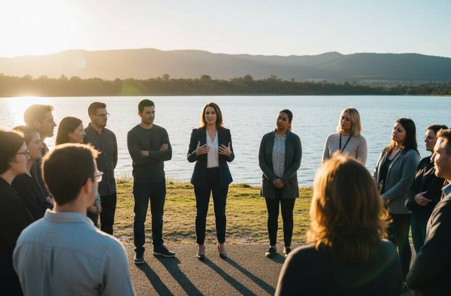 An evocative shot portraying dynamic Lysterfield editorial photography narratives, showing a local community leader engaged in passionate conversation at Lysterfield Lake Park, with dramatic sunset light creating a powerful silhouette and rich, professional color grading.