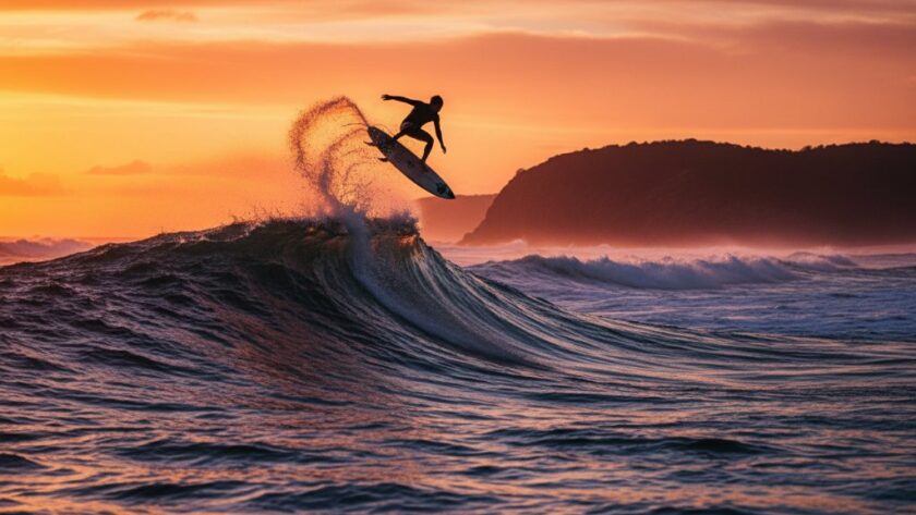 An athlete mid-air on a surfboard during a dramatic wave break, showcasing dynamic Mallacoota watersports photography with vibrant spray and golden hour light over the Mallacoota Bar.