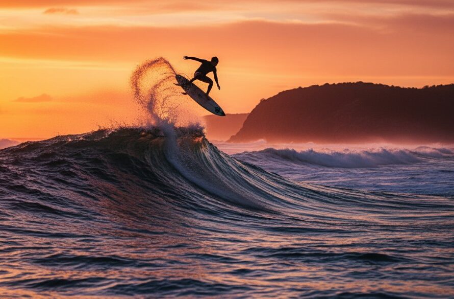 An athlete mid-air on a surfboard during a dramatic wave break, showcasing dynamic Mallacoota watersports photography with vibrant spray and golden hour light over the Mallacoota Bar.