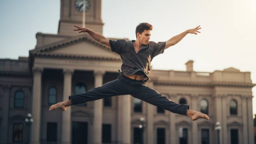 A dynamic Malvern dance photography for performing artists shot, featuring a contemporary dancer mid-air in an epic leap against the iconic Malvern Town Hall facade, bathed in golden hour light, capturing grace and strength.