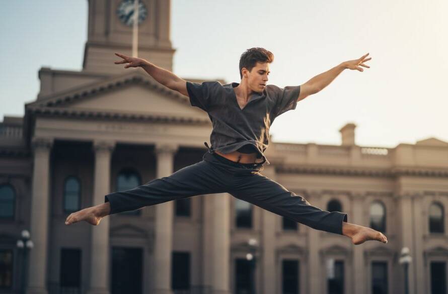 A dynamic Malvern dance photography for performing artists shot, featuring a contemporary dancer mid-air in an epic leap against the iconic Malvern Town Hall facade, bathed in golden hour light, capturing grace and strength.