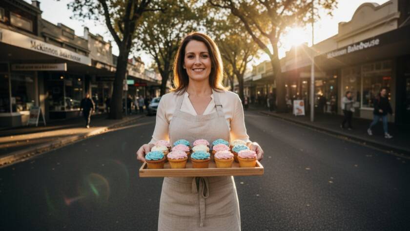An inspiring wide-angle shot showcasing dynamic McKinnon local brand advertising photography, featuring a local café owner proudly presenting their artisan pastries on a sun-drenched street in McKinnon, Victoria, with a bustling, warm background, professionally lit and colour-graded.