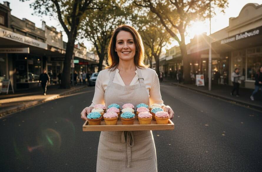 An inspiring wide-angle shot showcasing dynamic McKinnon local brand advertising photography, featuring a local café owner proudly presenting their artisan pastries on a sun-drenched street in McKinnon, Victoria, with a bustling, warm background, professionally lit and colour-graded.