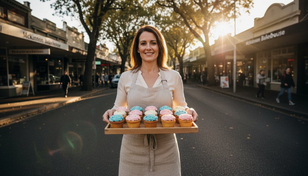 An inspiring wide-angle shot showcasing dynamic McKinnon local brand advertising photography, featuring a local café owner proudly presenting their artisan pastries on a sun-drenched street in McKinnon, Victoria, with a bustling, warm background, professionally lit and colour-graded.