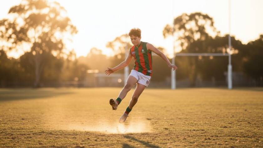 A thrilling, close-up shot of a young Australian Rules Football player in mid-air, celebrating a spectacular goal on a vibrant Mitcham oval, sun setting dramatically behind them, capturing the dynamic Mitcham junior sports photography moment of triumph and pure joy.