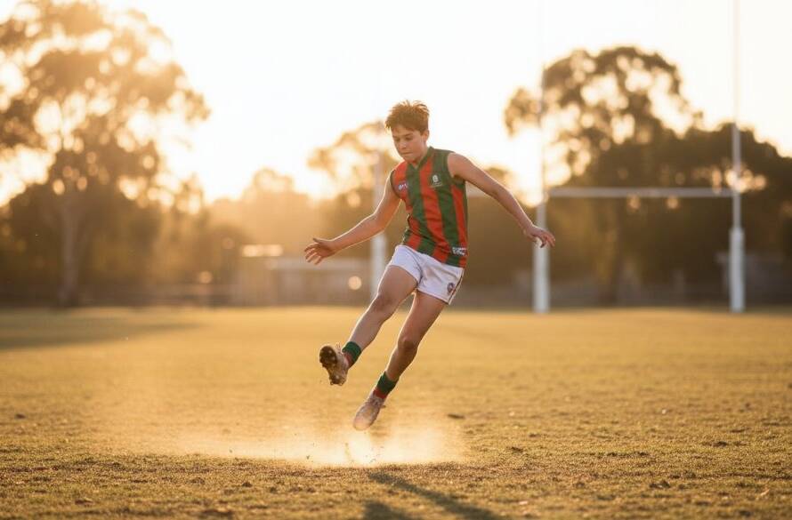 A thrilling, close-up shot of a young Australian Rules Football player in mid-air, celebrating a spectacular goal on a vibrant Mitcham oval, sun setting dramatically behind them, capturing the dynamic Mitcham junior sports photography moment of triumph and pure joy.
