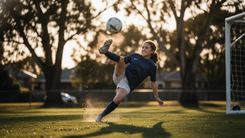 An incredibly dynamic Mont Albert junior sports photography moment, capturing a young cricket player mid-swing, bathed in golden hour light on a local oval, showing intense focus and athletic prowess, with a blurred Mont Albert residential background.