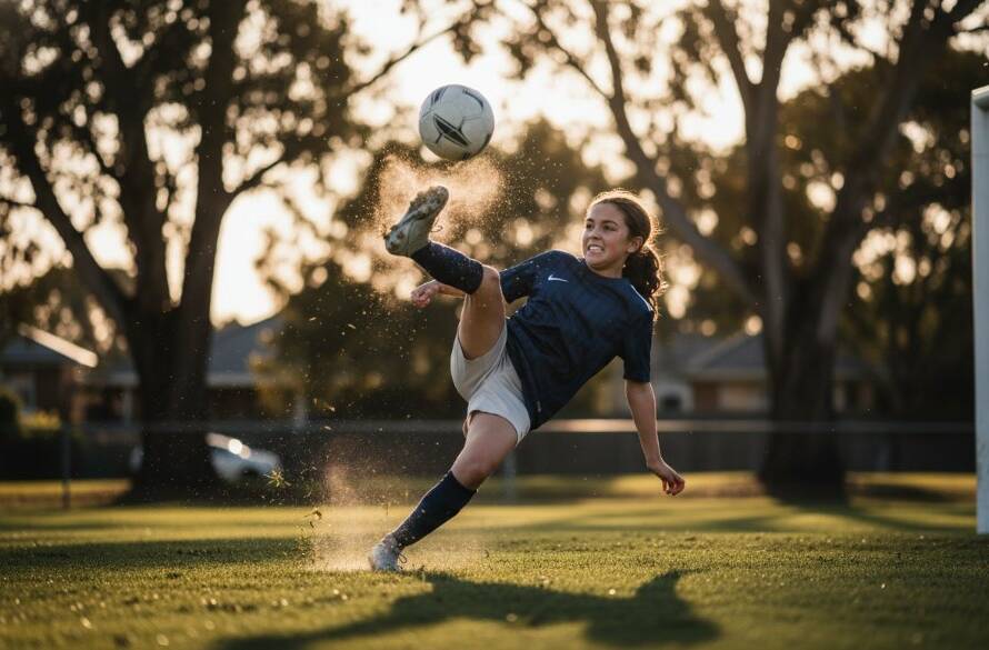 An incredibly dynamic Mont Albert junior sports photography moment, capturing a young cricket player mid-swing, bathed in golden hour light on a local oval, showing intense focus and athletic prowess, with a blurred Mont Albert residential background.
